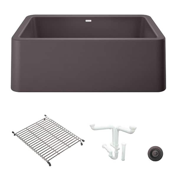 Ikon 30 in. Farmhouse/Apron-Front Single Bowl Cinder Granite Composite Kitchen Sink Kit with Accessories