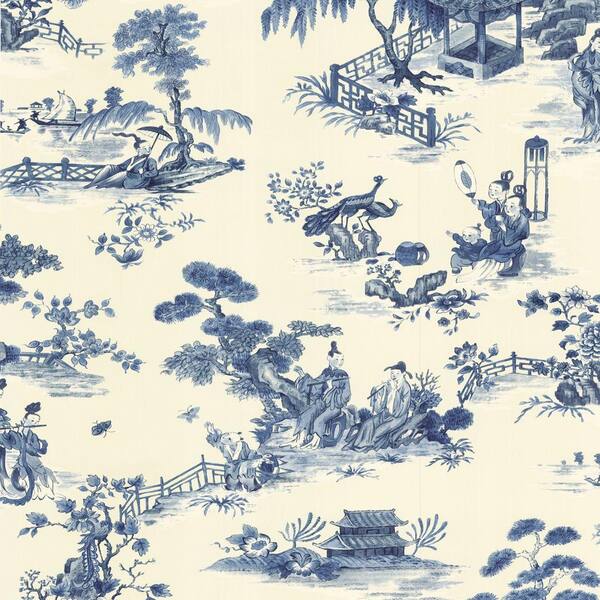 The Wallpaper Company 56 sq. ft. Blue Asian Toile Wallpaper-DISCONTINUED