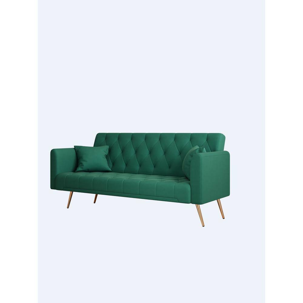 Green velvet tufted sofa bed shown at a three-quarter angle.