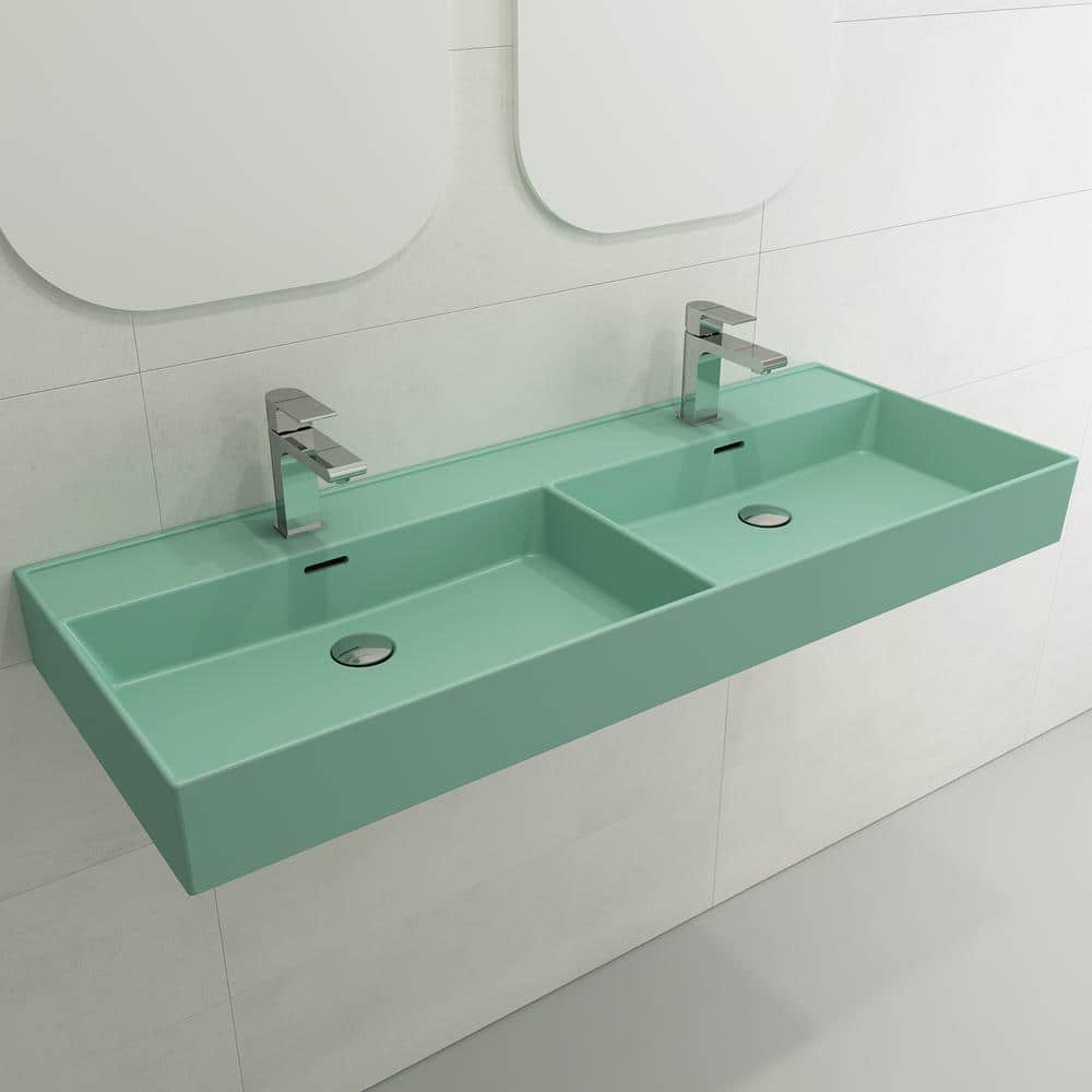 Milano Wall-Mounted Matte Mint Green Fireclay Rectangular Double Bowl for Two 1-Hole Faucets Vessel Sink with Overflows -  BOCCHI, 1393-033-0132