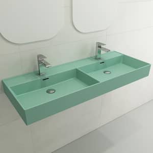 Milano Wall-Mounted Matte Mint Green Fireclay Rectangular Double Bowl for Two 1-Hole Faucets Vessel Sink with Overflows