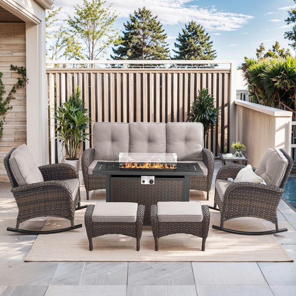 SleekArm 7-Piece Brown Wicker Fire Pit Conversation Set with Olefin Beige Cushions and Patio Rocking Chairs price history on PriceWatchPro