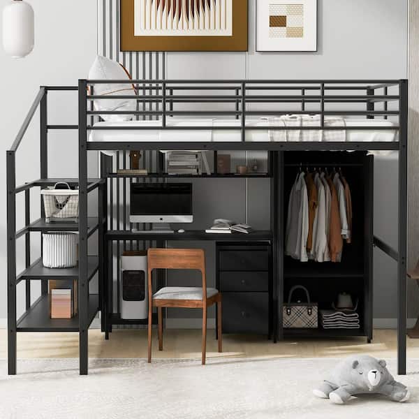 Harper Bright Designs Black Metal Frame Full Size Loft Bed with