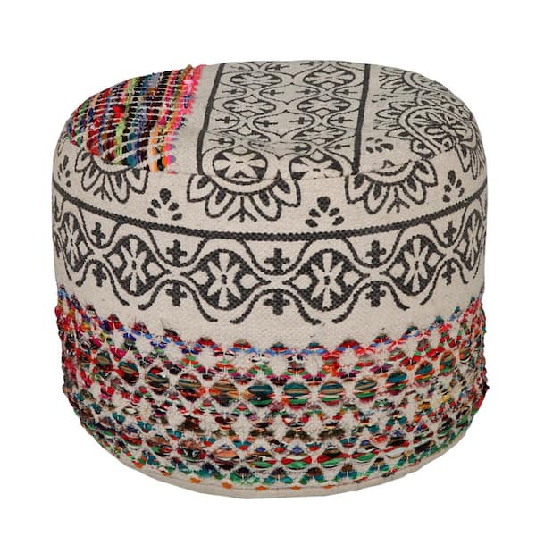 HomeRoots Amelia Multicolored Cotton Round Accent Ottoman