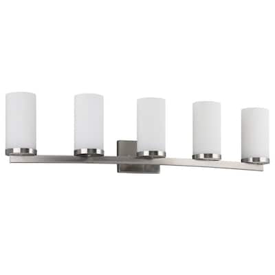 Caelen 38.6 in. 5-Light Satin Nickel Bathroom Vanity Light with Frosted Glass Shades