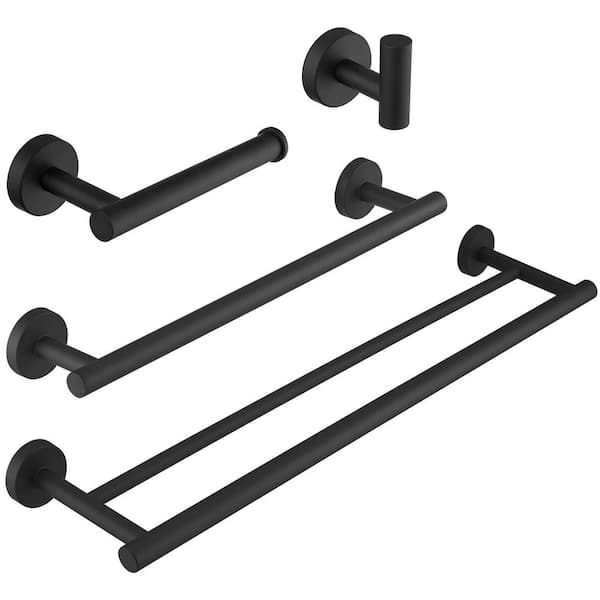 4-Piece Bath Hardware with Towel Bar Towel Rack Towel Hook and Toilet Paper Holder Set in Matte Black