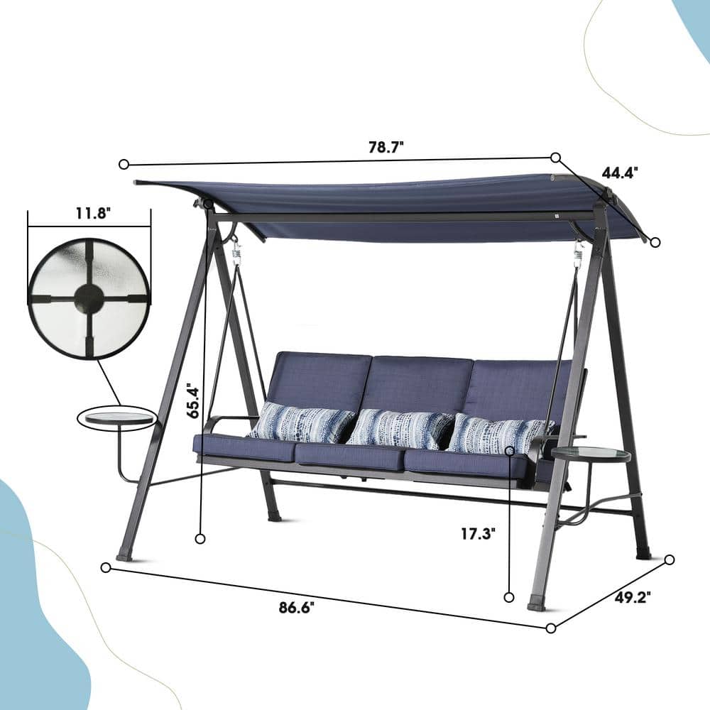 Gray Steel 3-Person Patio Swing with Blue Cushions and Canopy