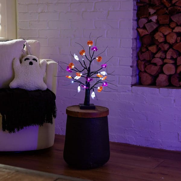 18in. Pre-Lit Artificial Halloween Ghost, Bats and Pumpkins 24 LED Lighted Ornament Twig Tree