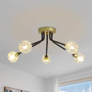22.16 in. 5-Light Black and Spray Gold Sputnik Semi-Flush Mount Lighting with No Bulbs Included