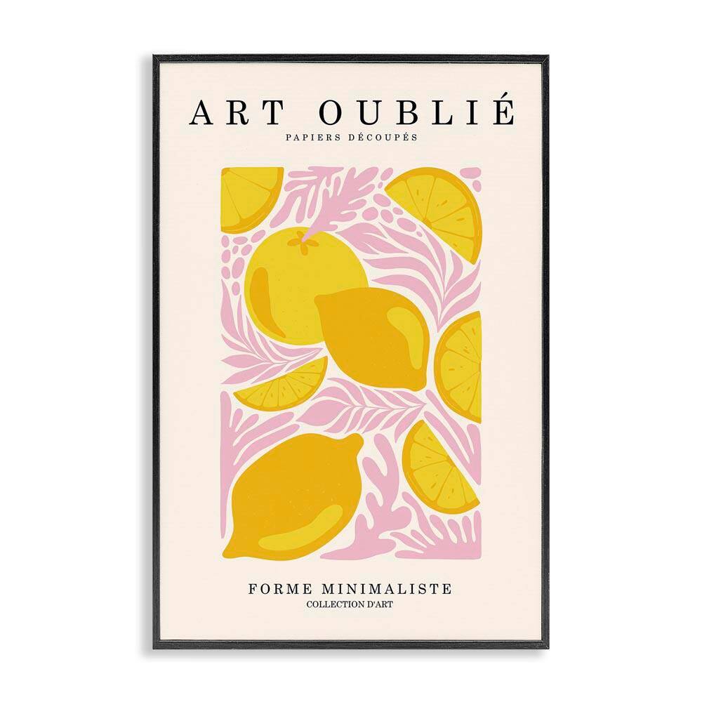 Lemons on Pink Florals by Incado Black Framed Food Giclee Art Print 24 in. x 16 in.