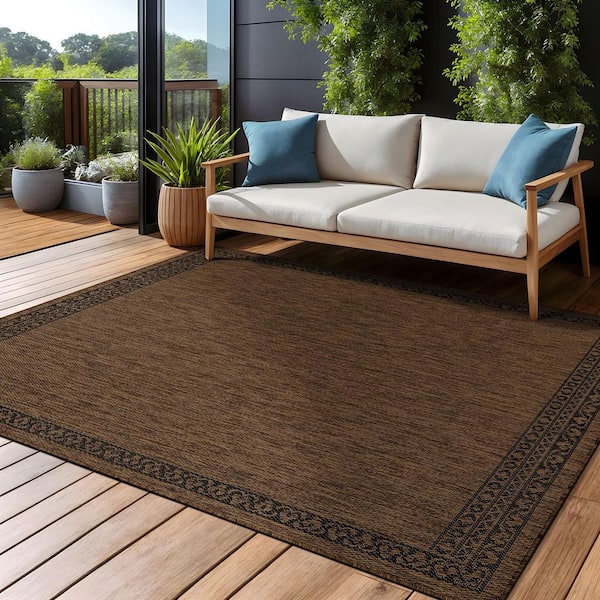 Frame Gold 8 ft. x 10 ft. Geometric Bordered Washable Indoor Outdoor Area Rug