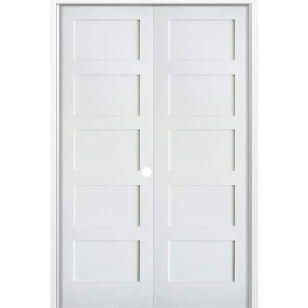 Krosswood Doors 48 in. x 96 in. Craftsman Shaker 5-Panel Right Handed MDF Solid Core Primed Wood Double Prehung Interior French Door