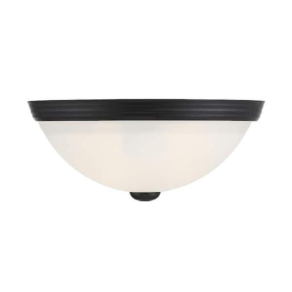 Savoy House 11 in. W x 4.5 in. H 2-Light Black Flush Mount Ceiling Light with White Etched Glass Diffuser