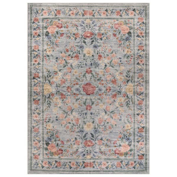 Floral Garden Coastal Blue Machine Washable Non-Slip Backing 5 ft. x 7 ft. Blue Area Rug