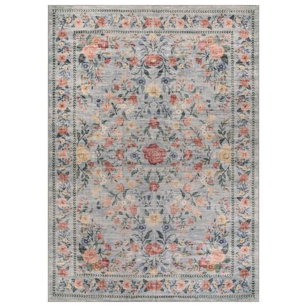 Floral Garden Coastal Blue Machine Washable Non-Slip Backing 8 ft. x 10 ft. Blue Area Rug