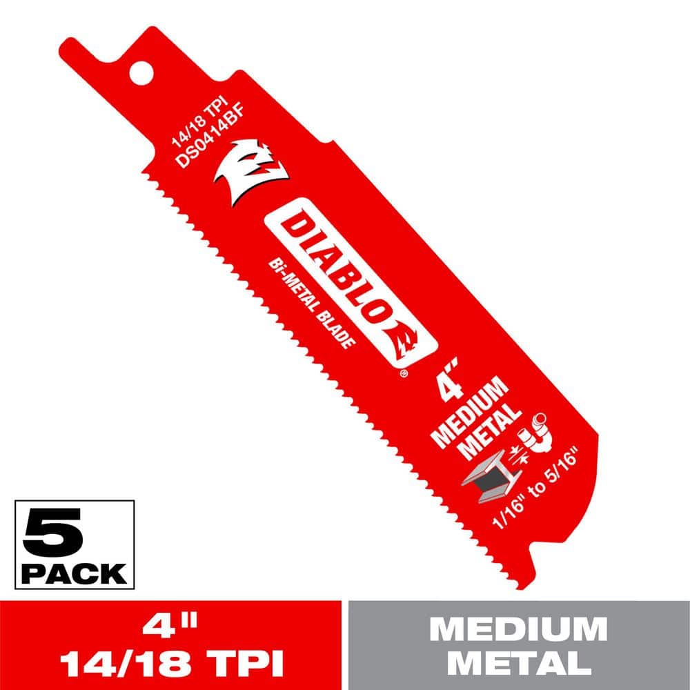 DIABLO 4 in. 14 18 TPI Bi Metal Reciprocating Saw Blades for Medium Metal DS0414BF5 The Home Depot