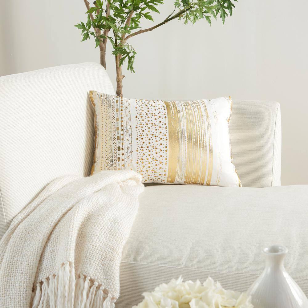 Gold and White Embroidered Lumbar Pillow with Metallic Stripes
