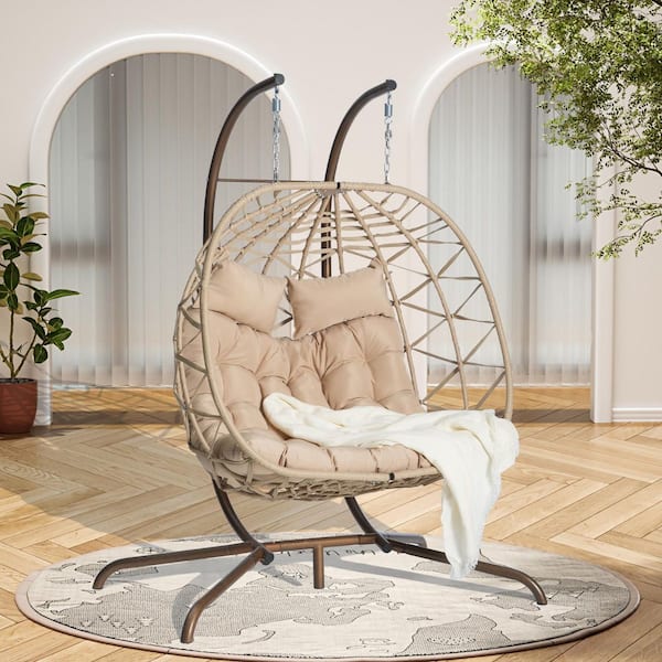 4.9 ft. Outdoor Hanging Egg Chair with Stand, Free Standing Hammock Chair with Khaki Cushion
