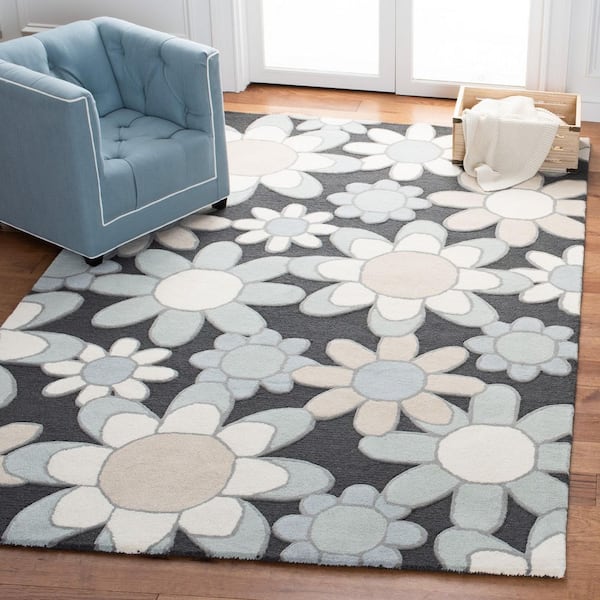 Kids 5 ft. x 5 ft. Charcoal/Ivory Oversized Floral Square Area Rug