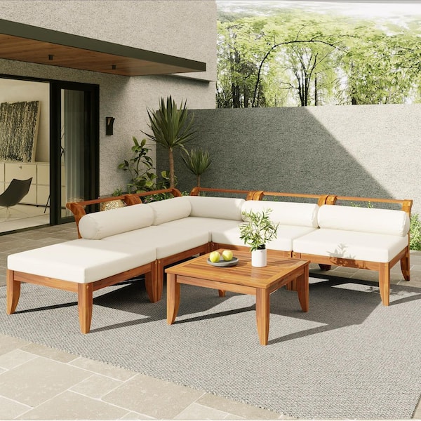 6 Piece Teak + Beige Patio Acacia Wood Outdoor Sectional Sofa with Tea Table, Ottoman, 5 Cushions and Pillows