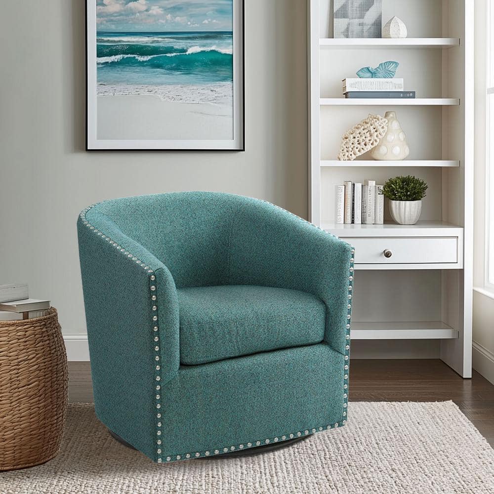 Curved Teal Swivel Lounge Chair with Pewter Nailhead Accents