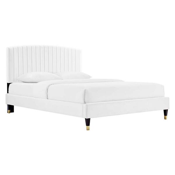 MODWAY Alessi Performance White Wood Frame Velvet Queen Platform Bed