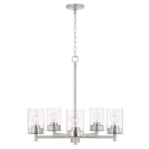 HOMEPLACE LIGHTING Mason 26 in. W x 23.5 in. H 5-Light Chandelier in Brushed Nickel with Clear Glass