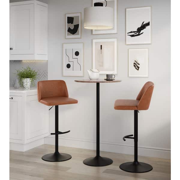 Toriano 33 in. Camel Faux Leather and Black Metal Adjustable Bar Stool with Rounded T Footrest (Set of 2)