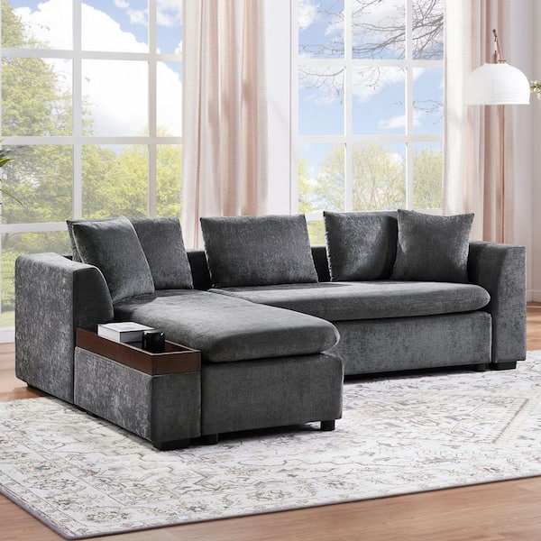 93.7 in. Square Arm Chenille Sectional Sofa with wooden Storage Compartment in. Gray