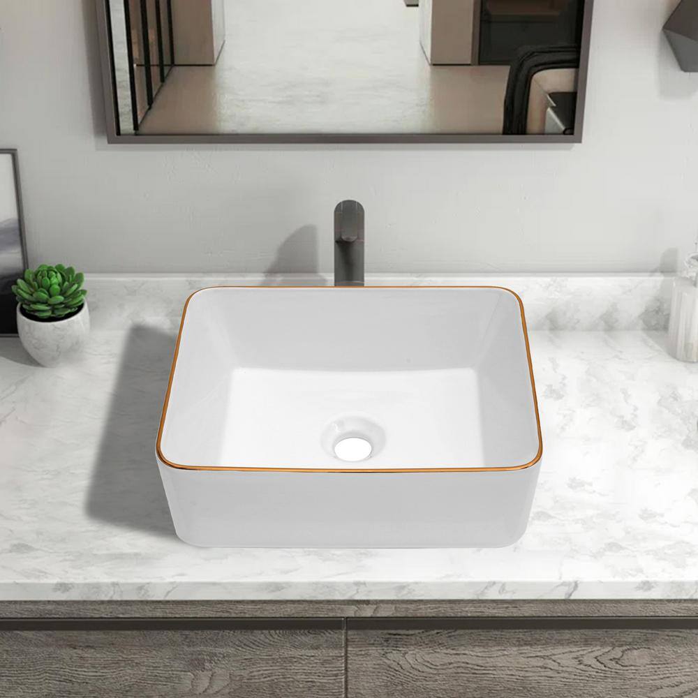 19x15 Inch White Ceramic Rectangular Vessel Bathroom Sink with Gold Trim
