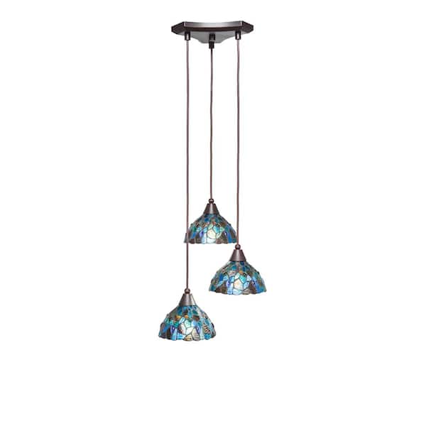 Condor 3 Light Dark Granite, Cluster Pendant Light with 7 in. Blue Mosaic Art Glass Shades, No bulbs included