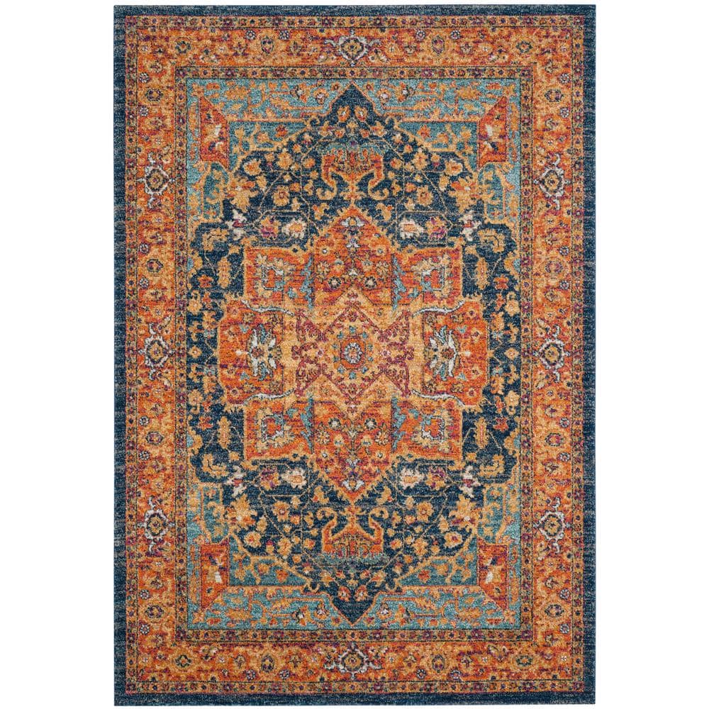 Blue and Orange High Pile Synthetic Boho-Chic Area Rug