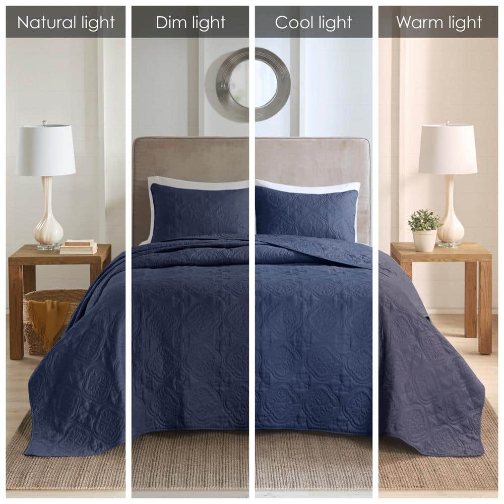Navy King-Size Reversible Microfiber Bedspread Set with Classic Stitch