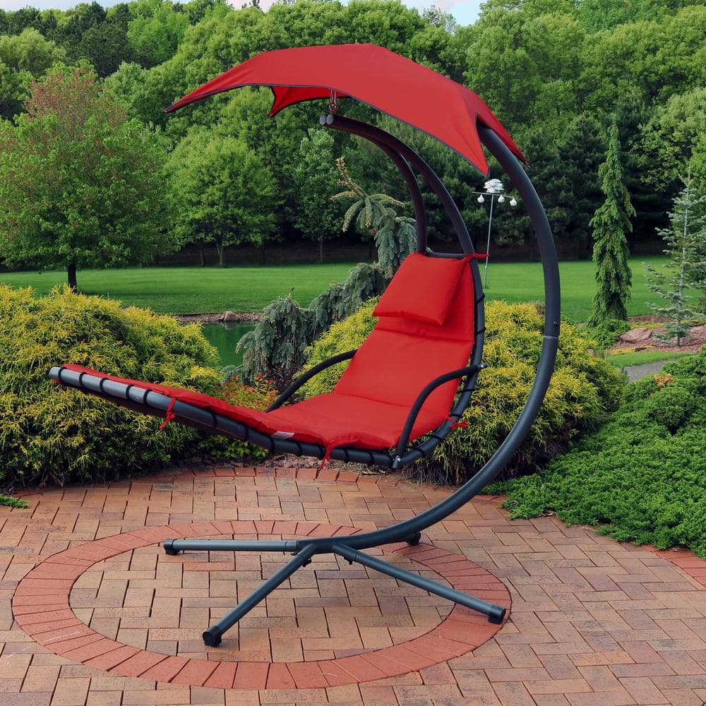 Red Steel Outdoor Hanging Chaise Lounge Chair with Canopy