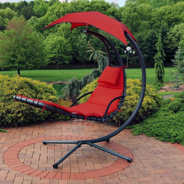 Steel Outdoor Floating Chaise Lounge Chair with Polyester Burnt Orange Cushions and Canopy