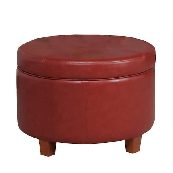 Benjara Red Faux Leather Round Storage Ottoman