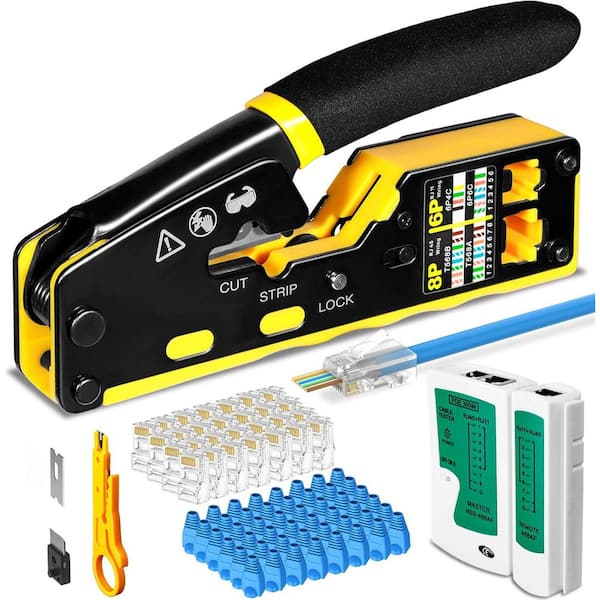 RJ45 Crimp Tool Kit Pass Through Ethernet Crimper for Cat5 Cat5e Cat6 w/Cable Tester 50-Pieces Connectors Boots Stripper