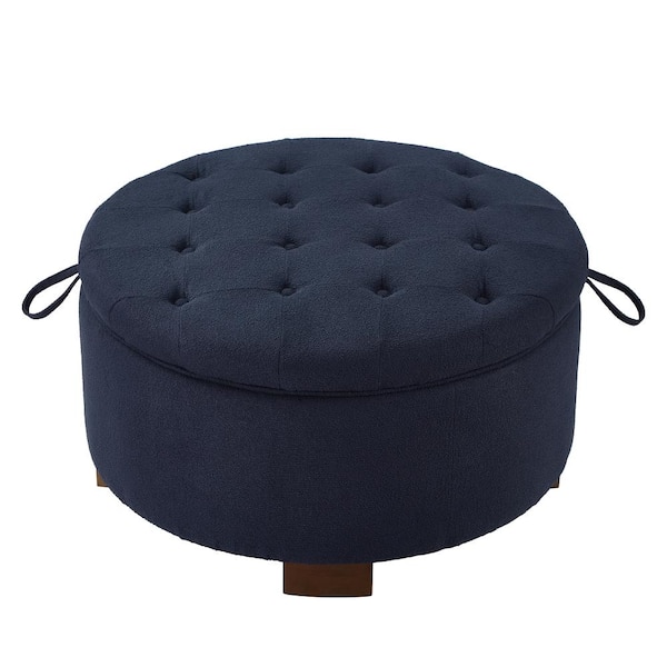 Navy Round Boucle Storage Ottoman with Reversible Lid,Upholstered Footstool, Hidden Storage, Also Seat/Side Table