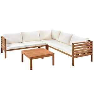 4-Piece Natural Wood Outdoor Sectional Conversation Sofa Set with Beige Removable Cushions and Wood Coffee Table