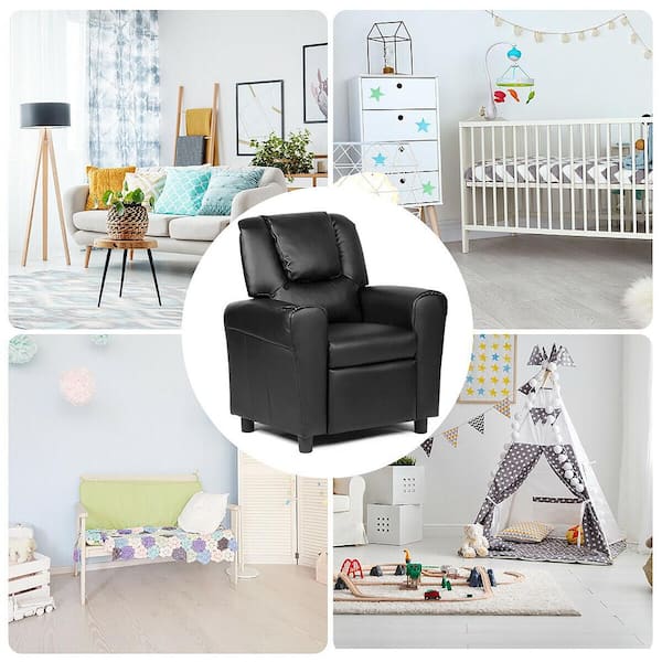 Black Faux Leather Upholstery Kids Recliner Couch Chair with Cup Holder Black