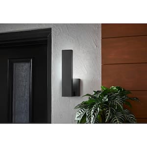 Vanderhoven 11 in. 1-Light Sand Black Outdoor Integrated LED Wall Lantern Sconce with Etched Glass