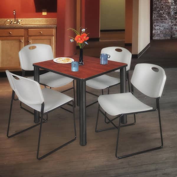 Kee 30 in. Cherry Top Square Breakroom Table Desk, Black Legs, 4-Zeng Stack Chairs-Grey