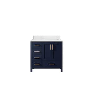 Malibu 36 in. W x 22 in. D x 36 in. H Right Offset Sink Bath Vanity in Navy Blue with Cove Edge Empira Quartz Top