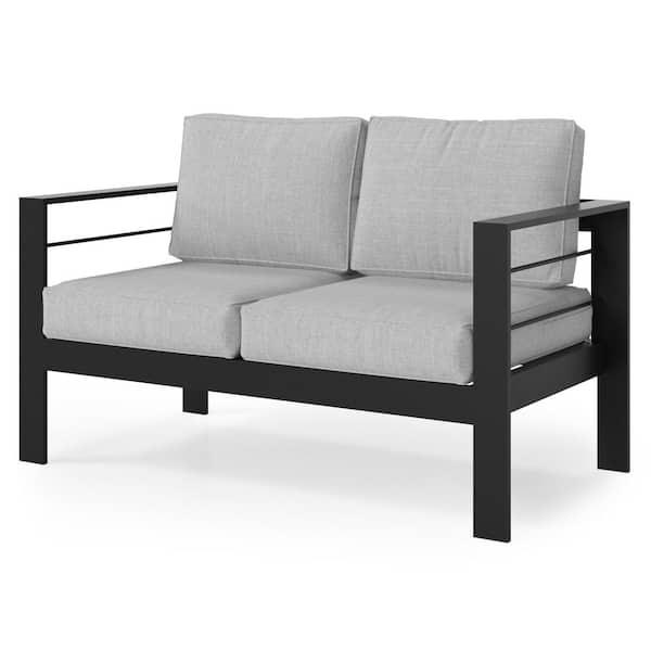 ITOPFOX Black Metal Aluminum Frame Outdoor Loveseat with Thick and Soft Cushion Light Gray
