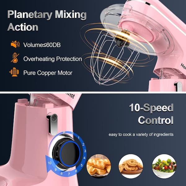 BigChef 6.5 Qt. 650-Watt 10-Speed Pink Stand Mixer with Dough Hook, Whisk and Beater