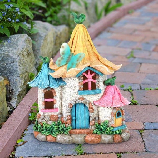 Exhart Solar Pastel Petal Roof Fairy House, 9 x 7 x 11 in