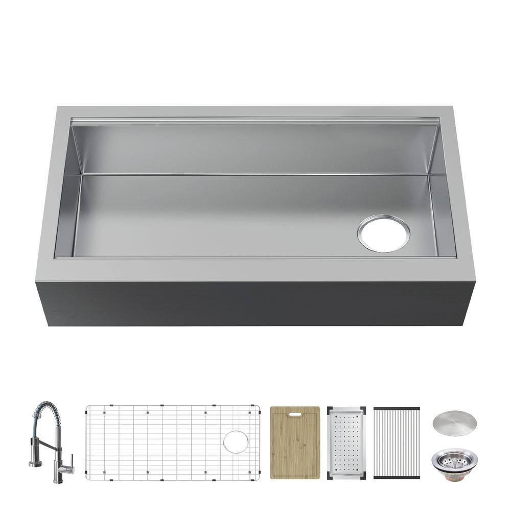 Glacier Bay Zero Radius Farmhouse/Apron-Front 16g Stainless Steel 36 in. Single Bowl Workstation Kitchen Sink with Accessories, Silver