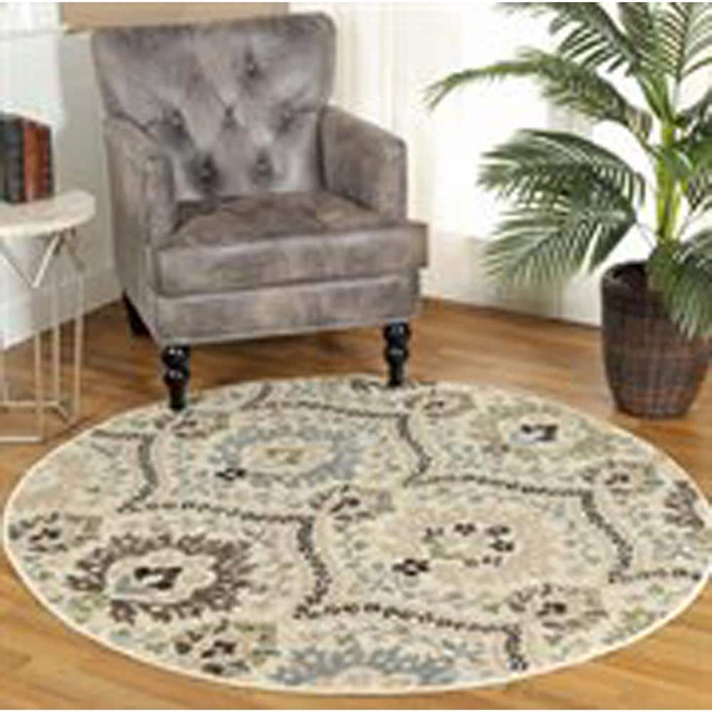 Augusta Multicolored Floral Damask 5' Round Synthetic Area Rug