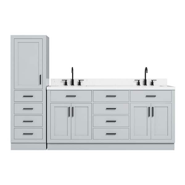 Hepburn 72 in. Double Sink Bath Vanity with Carrara White Quartz Top and Linen Cabinet in Gray