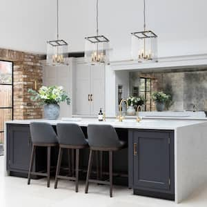 Puente 4-Light Black Brass Chandelier 15.7 in.W Vertical Rectangular Pendant Light with Clear Glass for kitchen Island